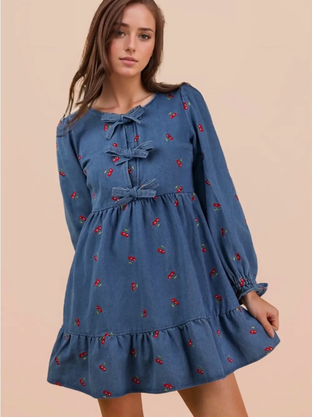 Chambray mineral cherry embroidered denim boho western tiered midi dress